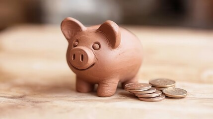 Cute Clay Piggy Bank with Coins on Wooden Table