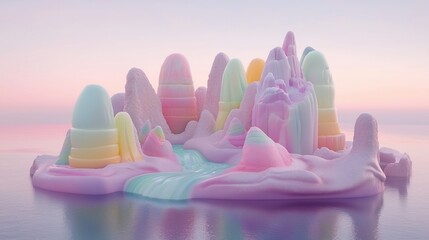 Sticker - Pastel-colored island with a river floating on calm water at sunset.