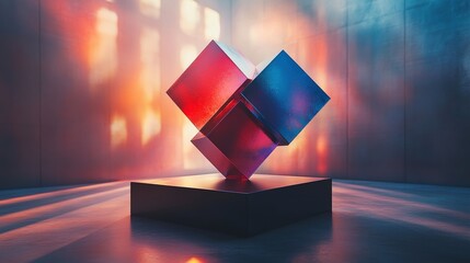 Wall Mural - red and blue glowing cubes balancing on a pedestal in an empty room with window light creating a mys