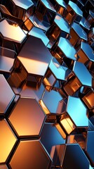Wall Mural - abstract background with metallic hexagons reflecting orange and blue light, creating a modern and f