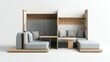 © Andrew - Modular Sofa System: A contemporary modular sofa system in light gray fabric and natural wood, showcasing clean lines, flexible configuration and built-in shelving for a versatile living space.
