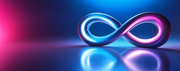 Wall Mural - glowing infinity symbol radiating blue and pink neon light on reflective metallic background