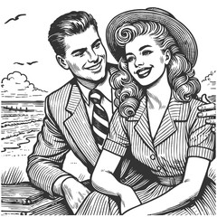 Wall Mural - couple on beach engraving vector illustration