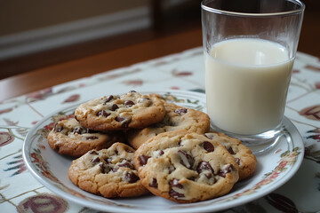 A plate of homemade chocolate chip cookies with a glass of milk, symbolizing nostalgia and sweetness