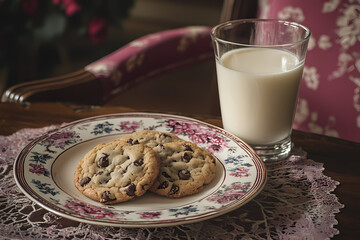 A plate of homemade chocolate chip cookies with a glass of milk, symbolizing nostalgia and sweetness