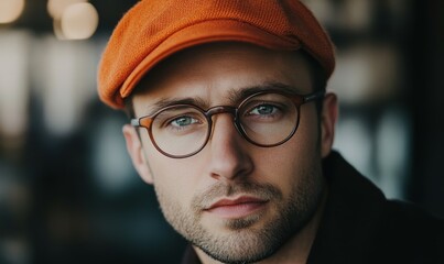 Sticker - confident man wearing orange cap and glasses, showcasing stylish look in modern environment. His expression reflects determination and focus, perfect for professional setting