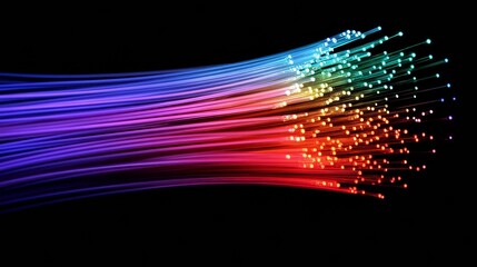 Wall Mural - vibrant fiber optic strands glowing with multicolored light, transmitting digital signals across dar