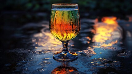 Sticker - Sunset-lit glass reflects vibrant colors on wet surface.