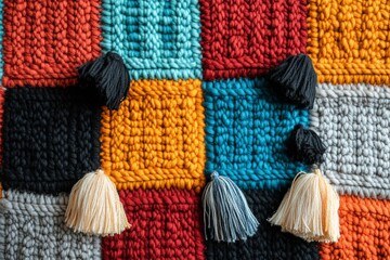 Poster - Colorful woven textile with decorative tassels in various shades and patterns displayed on a surface