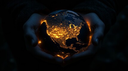 Wall Mural - hands holding a glowing earth with north america illuminated at night, symbolizing global connectivi