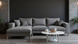 © AiPhotoSale - A sleek gray sectional couch invites relaxation against a dramatic black backdrop, while a chic white coffee table with four elegant legs anchors the bottom right corner, adding contrast and balance t