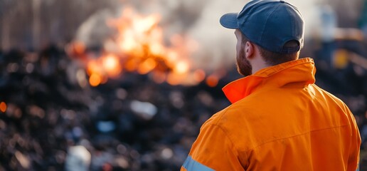 Worker watching bonfire burn, outdoors. Safety