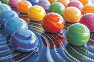 Aufkleber - Colorful marbles arranged artistically on a reflective surface create an engaging visual display