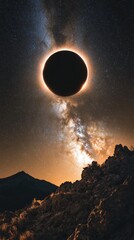 Wall Mural - Total solar eclipse over a mountain range at night with milky way and stars shining in the background