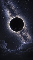 Wall Mural - fantasy image of a dark planet eclipsing the milky way in a starry night sky with clouds at the bott