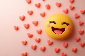 Aufkleber - Bright yellow smiley face surrounded by pink hearts creates a joyful atmosphere for celebrations and special occasions
