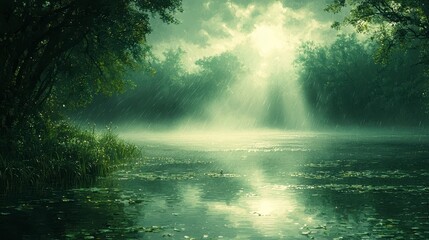 Sticker - Rainy day, sun rays through trees over calm lake.