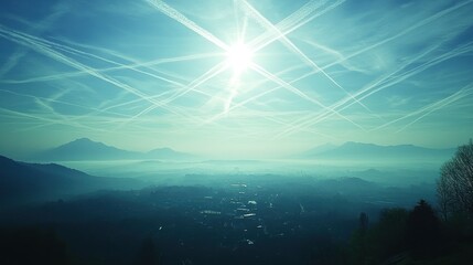 Poster - Sunny sky, contrails over mountain valley