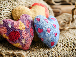 Love's Soft Embrace: Three charming, handcrafted hearts in vibrant hues, each with its unique design, huddle together on a rustic burlap background, exuding warmth and affection. 