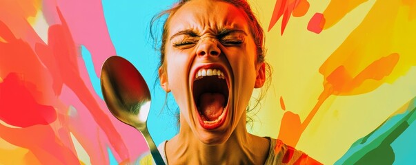 Sticker - Creative abstract collage template graphics image of angry lady screaming beating spoon guy isolated drawing background