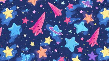 Canvas Print - a fun and whimsical space-themed seamless pattern with colorful stars, planets, and rockets against 