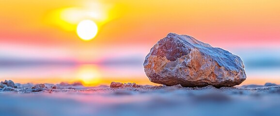 Wall Mural - Sunset over calm sea with single rock on shore.