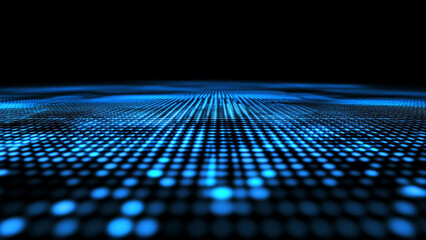 Digital blue particles wave flowing on black background representing internet connections, big data, or cyberspace