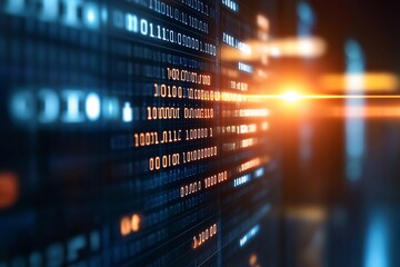 binary code streams, data flow, digital technology, server room background, tech website