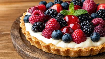 Wall Mural - Luxurious fruit tart topped with fresh berries and mint leaves