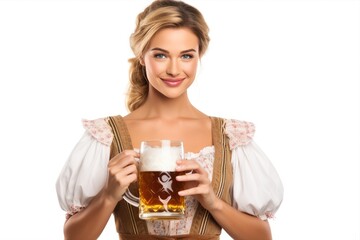 Woman in Bavarian outfit holding beer mug at event celebrating German tradition symbolizing the joyful spirit of Oktoberfest isolated on white background