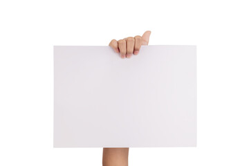 Poster - Human hands holding blank advertising card isolated on white background with clipping path.