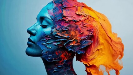 Leinwandbilder - A woman's profile is depicted with bright and vivid colors blending into abstract textures, symbolizing creativity and imagination.