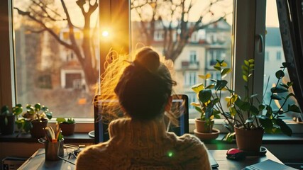 Aufkleber - A young woman sits at her wooden desk, focused on her laptop, bathed in warm sunlight from the sunset outside. Vibrant houseplants surround her, creating a cozy atmosphere.