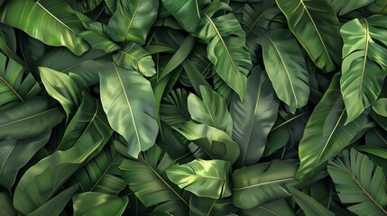 Wall Mural - A lush, green tropical foliage background with various leaves.