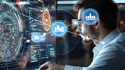 Tech Savvy Coder Working with Holographic Interface and Data Visuals