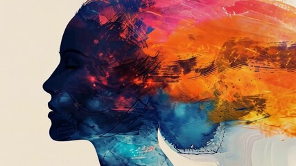 Fototapete - A striking visual features the silhouette of a woman, filled with dynamic colors and abstract patterns. This artwork reflects creativity and imagination through its vivid blend of hues.