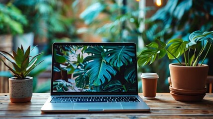 Aufkleber - A laptop sits open on a wooden table surrounded by lush houseplants. Sunlight filters through the greenery, creating a serene and productive atmosphere.