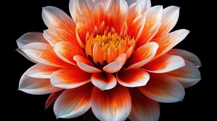 Wall Mural - Vibrant orange and white flower blooming against a black background, showcasing intricate petals