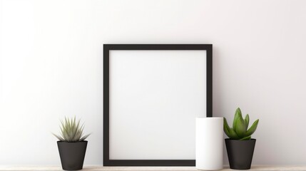 Wall Mural - Black Square Frame Mockup with Home Decor, Succulent and Cactus Plants on White Shelf and Wall. Blank Space for Lamp