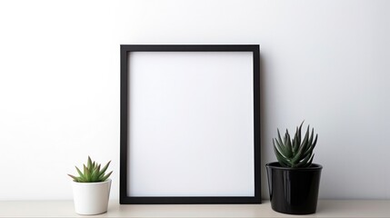 Wall Mural - Black Square Frame Mockup with Home Decor and Plants. White Shelf and Wall in Background with Blank Copy Space for Design