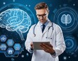 © Argiduna - Médico usando un tableta de diagnostico, con íconos médicos volando alrededor