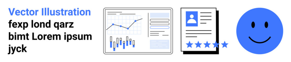 Wall Mural - Bar and line graphs on a dashboard, a CV with a five-star rating, and a blue smiling face. Ideal for business analytics, professional resumes, job applications, HR resources, data visualization, user