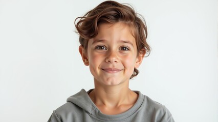 Wall Mural - Smiling boy in casual attire captures joy and innocence against a simple background