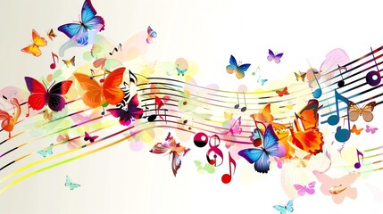 a colorful abstract design with butterflies and music notes.