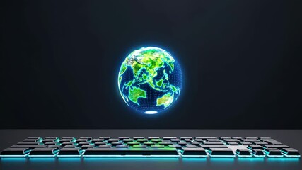Poster - Explore innovative technology with a virtual globe above a sleek keyboard showcasing digital advancements
