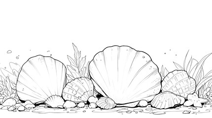 coloring page for adults, outline no color fill frame, 3 beautiful seashells on a white background