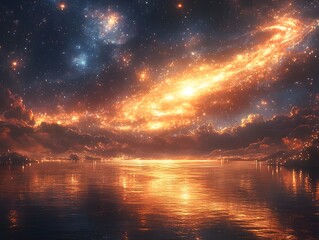 Wall Mural - surreal cosmic fireworks show lighting up the night sky with glowing galaxies and planets