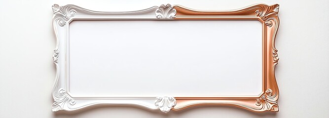 An elegant decorative frame with a combination of white and copper colors, perfect for showcasing art or photographs, isolated on a clean background for versatile use.