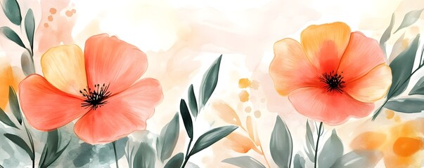 Wall Mural - Watercolor Floral Art  Peach   Orange Flowers