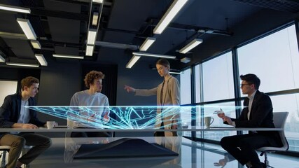 Poster - Business professionals discussing innovative technology at a modern office with holographic displays